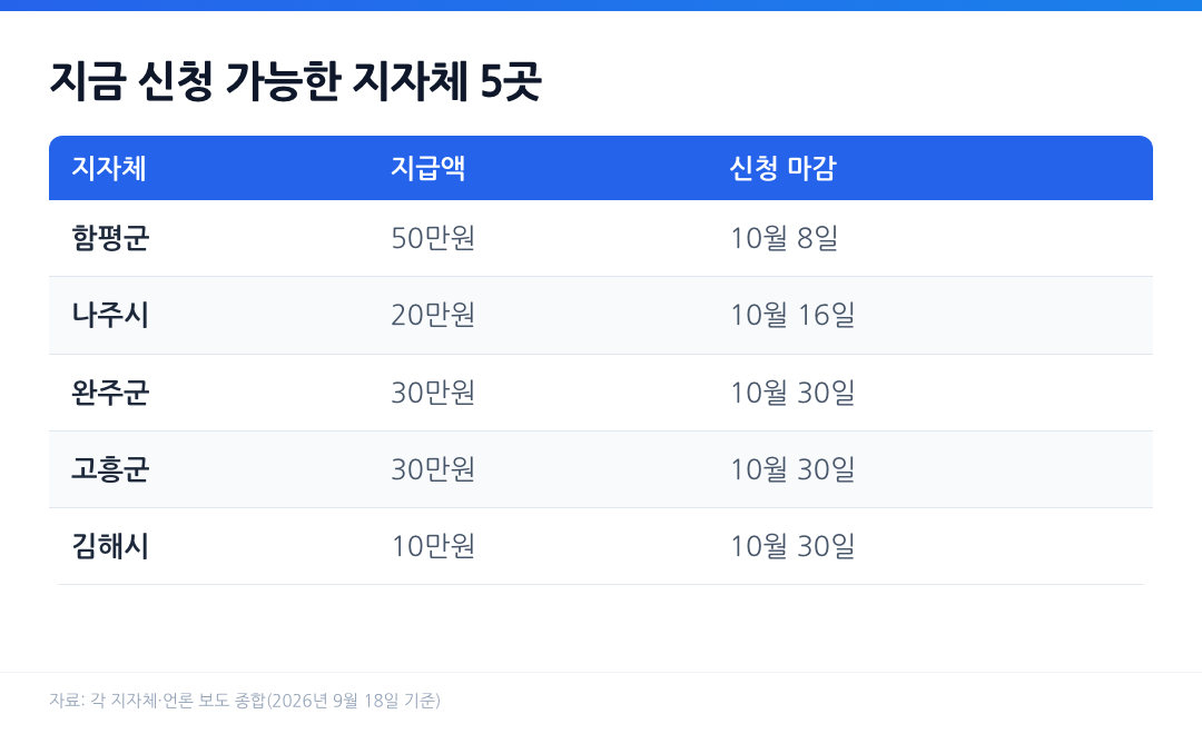 함평 나주 완주 고흥 김해 지자체별 추석 민생지원금 지급액과 신청 마감일 비교표